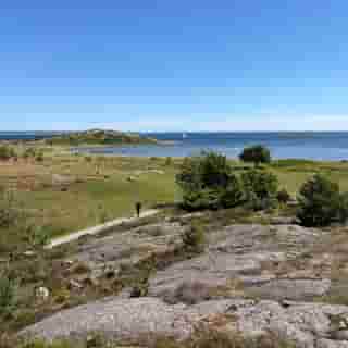 Blick über Granitfelsen, Wiesen und das Meer bei Vrångö.