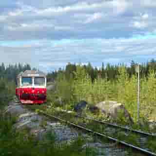 Zug der Inlandsbahn in der grünen Landschaft.