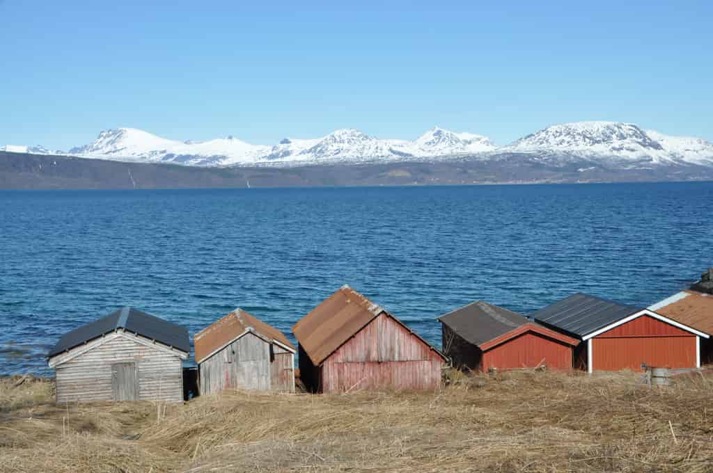Küste mit schneebedeckten Bergen im Hintergrund. Fotografiert in Narvik.