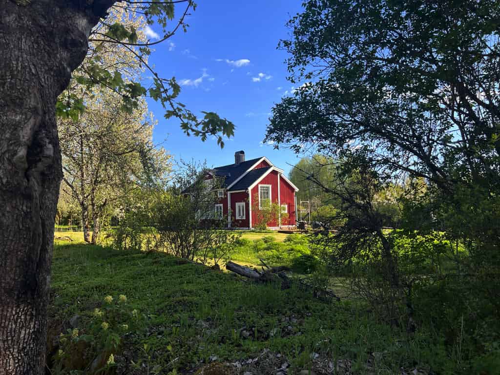 Ein traditionelles rotes schwedisches Haus, umgeben von Bäumen und Grünfläche, aus der Ferne gesehen.