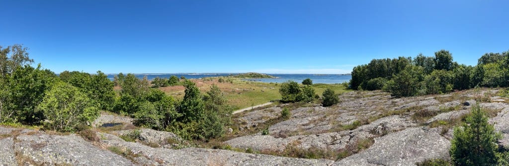 Schwedische Küstenlandschaft mit Felsen, Bäumen und Meer unter blauem Himmel