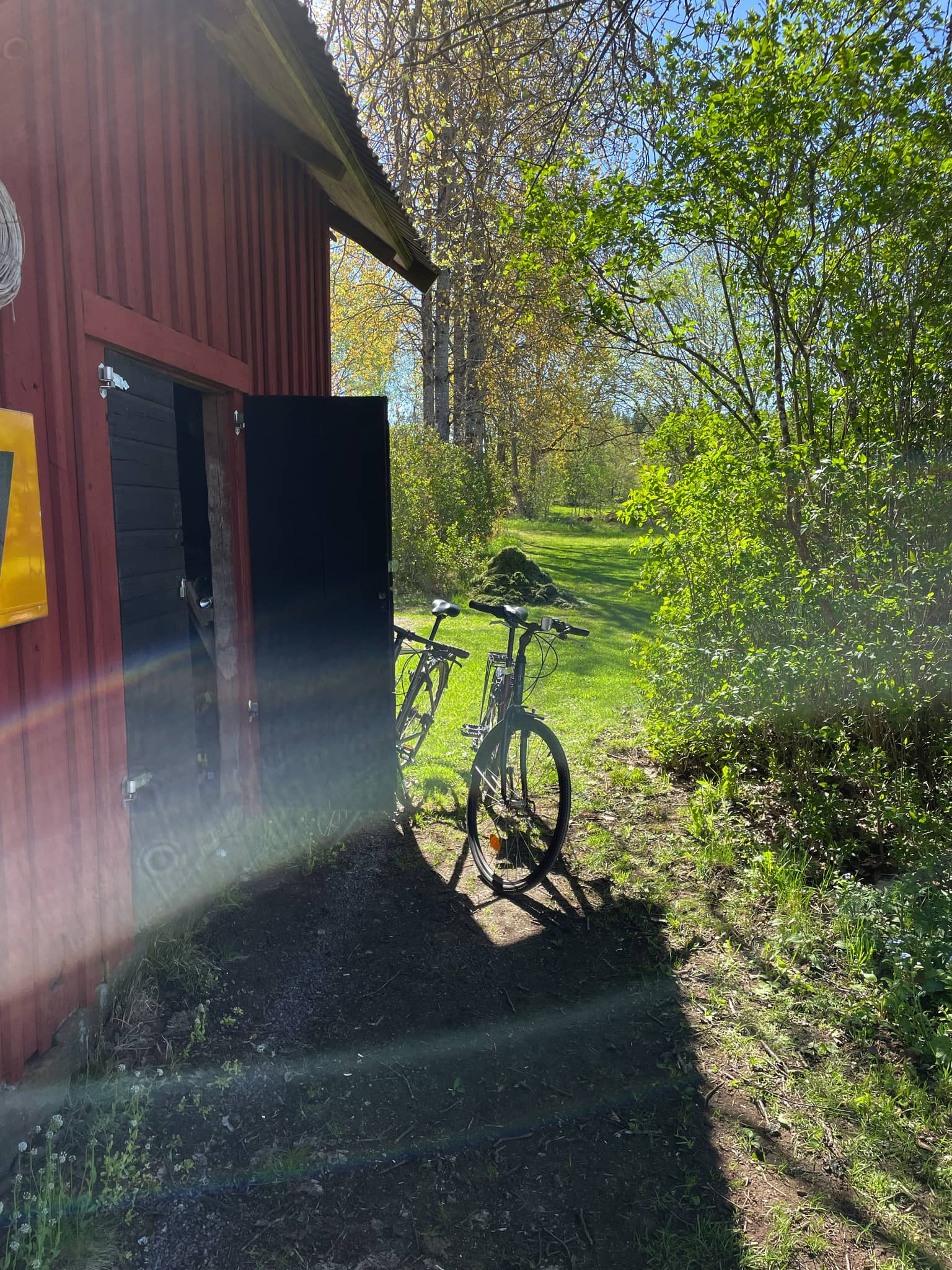 Zwei Fahrräder, die an der Seite eines roten Holzschuppens lehnen, mit grünen Bäumen und Rasen im Hintergrund.